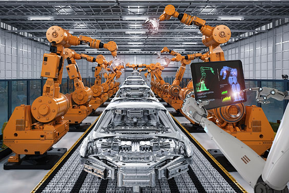 Automobile Assembly Line with Yellow Robots