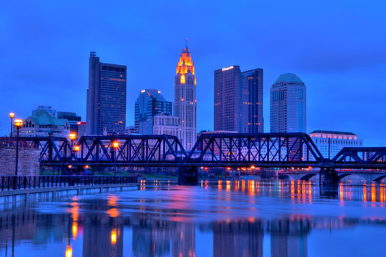 Columbus, Ohio Skyline and Bridge at Night