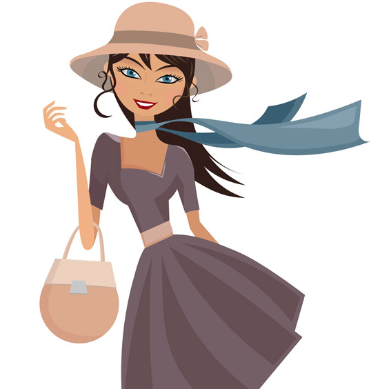 Elegant Lady with Hat, Scarf, and Handbag