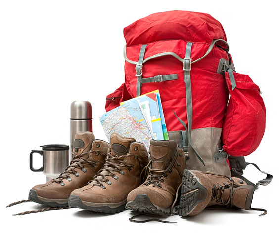 Hiking Equipment including a Red Backpack